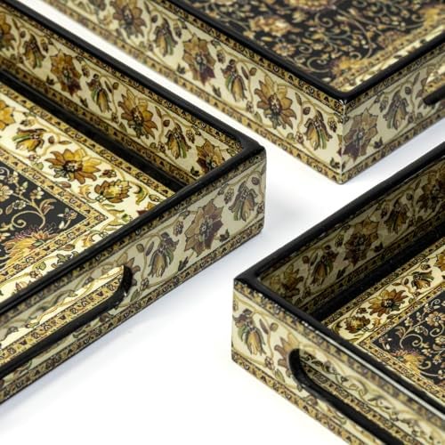 DULI Set of 3 Wooden Serving Trays Enamel Coated MDF with Lacquered Water-Resistant Royal Multipurpose Decorative Trays for Kitchen, Dining & Gifting (16x10x2,14x8x2, 12x6x2 Inches) - Image 5