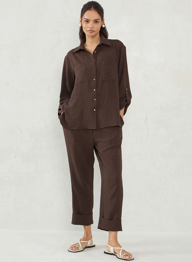 Femmella Femmella Brown Dual Pocket Shirt and Capri Co-Ords