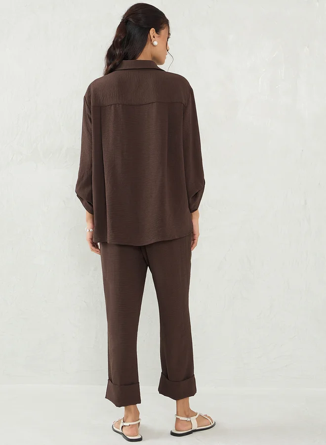 Femmella Femmella Brown Dual Pocket Shirt and Capri Co-Ords