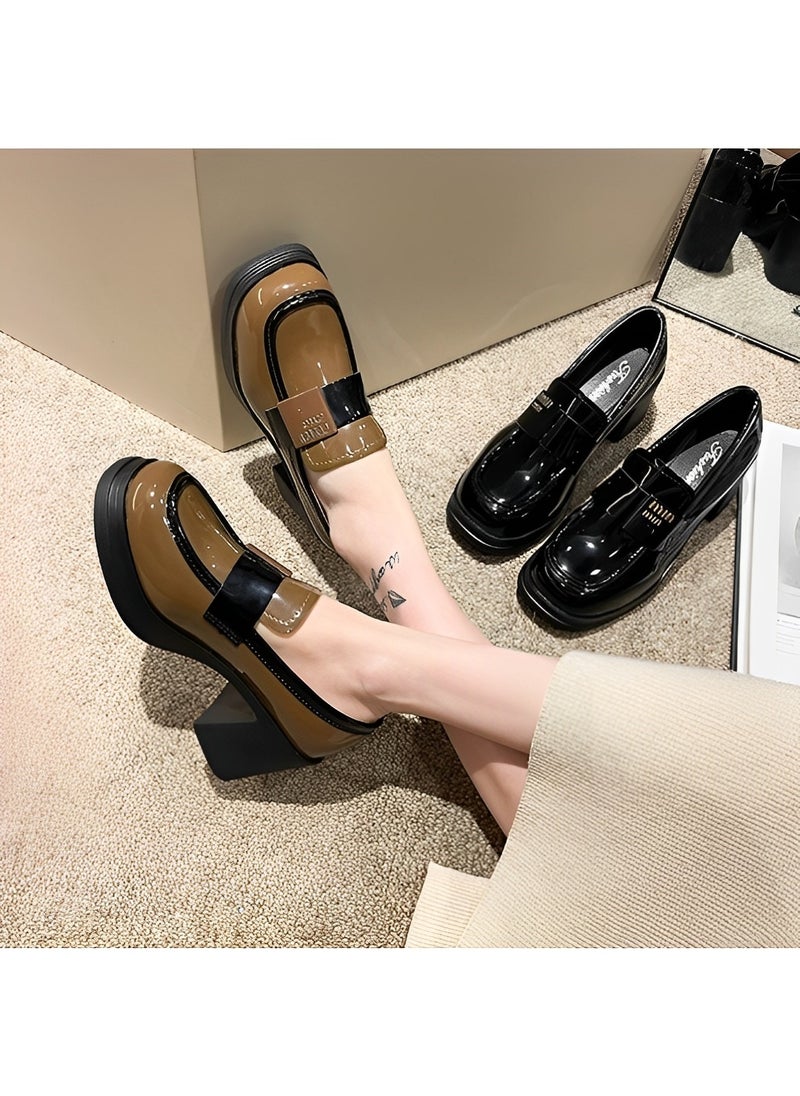 REOCLE - Women's Platform Loafer Comfort Chunky Heel Slip On Round Toe Business Work Shoes Chunky Block High Penny Loafers - Image 1