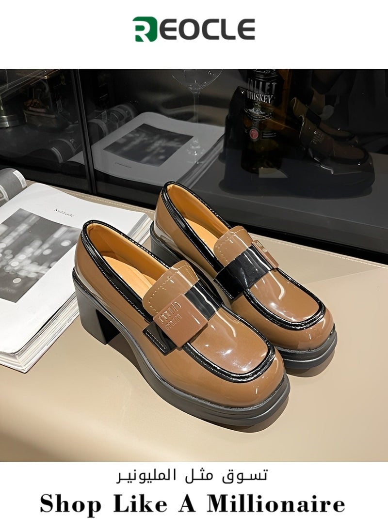 REOCLE - Women's Platform Loafer Comfort Chunky Heel Slip On Round Toe Business Work Shoes Chunky Block High Penny Loafers - Image 1