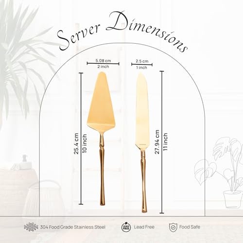 nestroots Golden Stainless Steel Cake Server Set of 2 | Knife (11-Inch) & Server (10-Inch) with Curved Handle for Cake Cutting, Dessert Serving & Parties | Elegant & Durable Design - Image 2