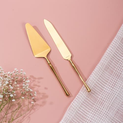nestroots Golden Stainless Steel Cake Server Set of 2 | Knife (11-Inch) & Server (10-Inch) with Curved Handle for Cake Cutting, Dessert Serving & Parties | Elegant & Durable Design - Image 1