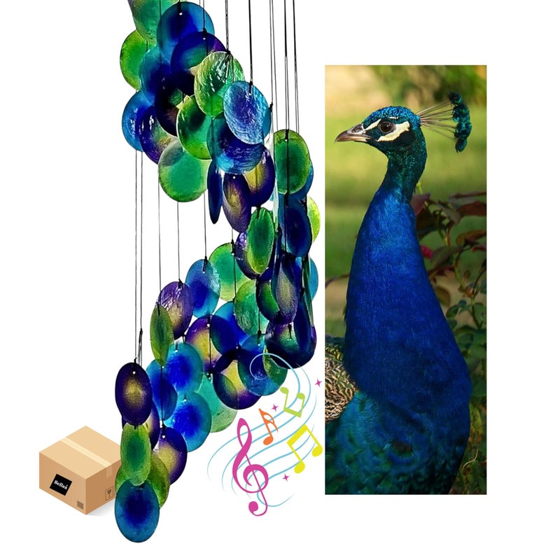 Bellaa 23332 Wind Chimes Capiz Sea Glass Shells Large 27 inch Outside Windchimes Peacock Home Decor Outdoor Garden Patio Yard Lawn Unique Gifts for Mom Grandma Woman Sympathy Memorial Remembrance