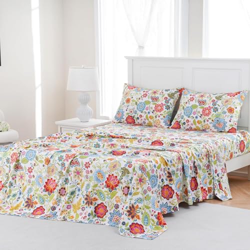 MEISHANG Queen Sheet Set - Ultra Soft Floral Sheets 100% Microfiber,1800 Thread Count Floral Bed Sheets Oeko-Tex Certificated - 4 Pieces - Spring Flower - Image 2
