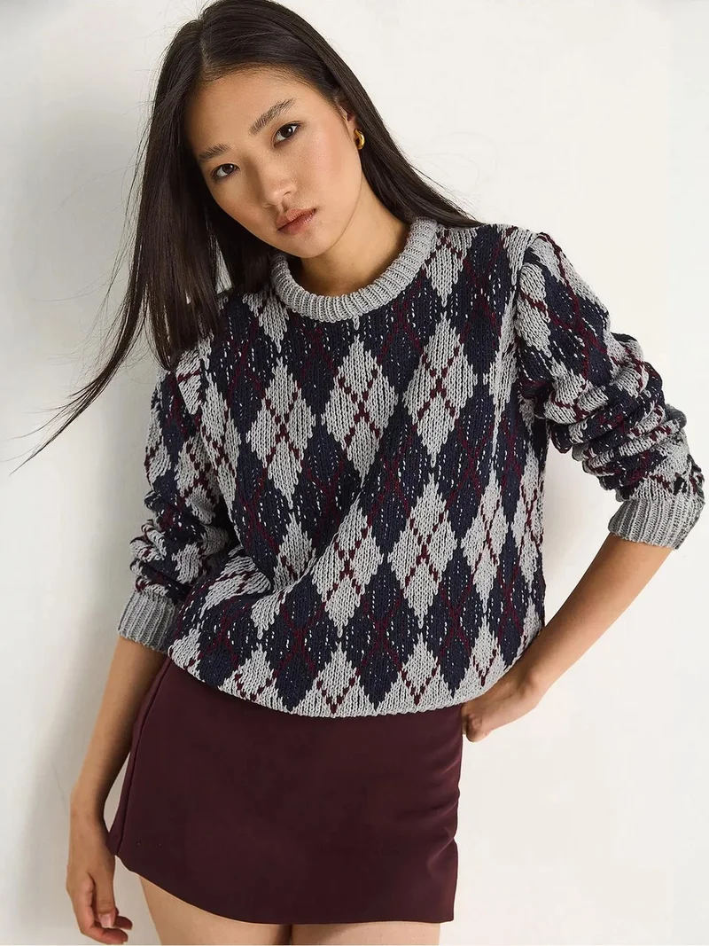 Bianco Lucci LUCCI Women’s Crew Neck Knitted Sweater with Diamond Pattern