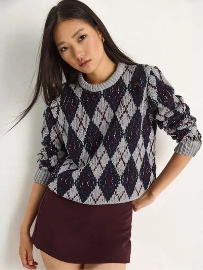 Bianco Lucci LUCCI Women’s Crew Neck Knitted Sweater with Diamond Pattern