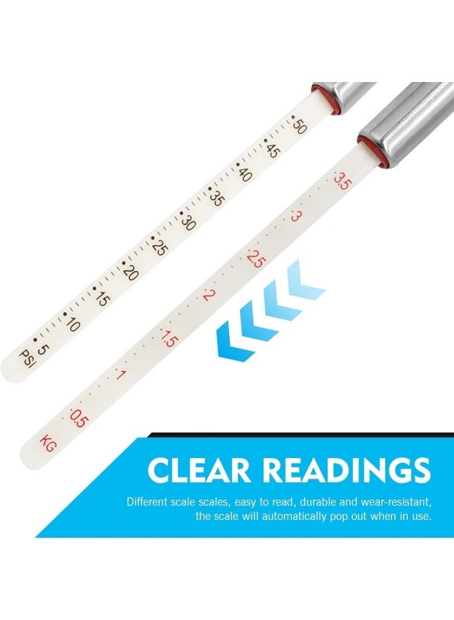 مقياسان لضغط الإطارات على شكل قلم رصاص، مقياس ضغط إطارات محمول من الفولاذ المقاوم للصدأ، ملحق تشخيصي عملي، مناسب لمعظم السيارات والشاحنات وسيارات الدفع الرباعي 两台铅笔胎压表，便携式不锈钢轮胎压力表，实用诊断配件，适用于大多数轿车、卡车和 SUV - Image 3