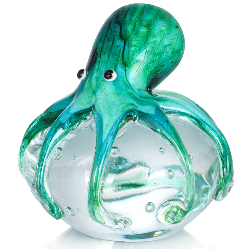 Sanbege Hand Blown Glass Octopus Figurine Cute Sea Animal Paperweight Collectible Nautical Statue Decor for Home Office Party and Gift Blue and Green