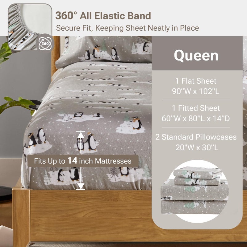 Sleep Philosophy True North by Sleep Philosophy Cozy Flannel Warm 100% Cotton Sheet - Novelty Print Animals Stars Cute Ultra Soft Cold Weather Bedding Set, Queen, Grey Penguins - Image 5