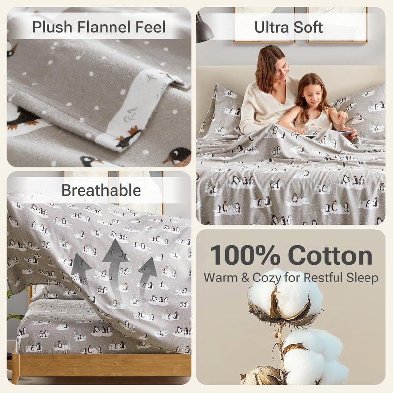 Sleep Philosophy True North by Sleep Philosophy Cozy Flannel Warm 100% Cotton Sheet - Novelty Print Animals Stars Cute Ultra Soft Cold Weather Bedding Set, Queen, Grey Penguins - Image 3