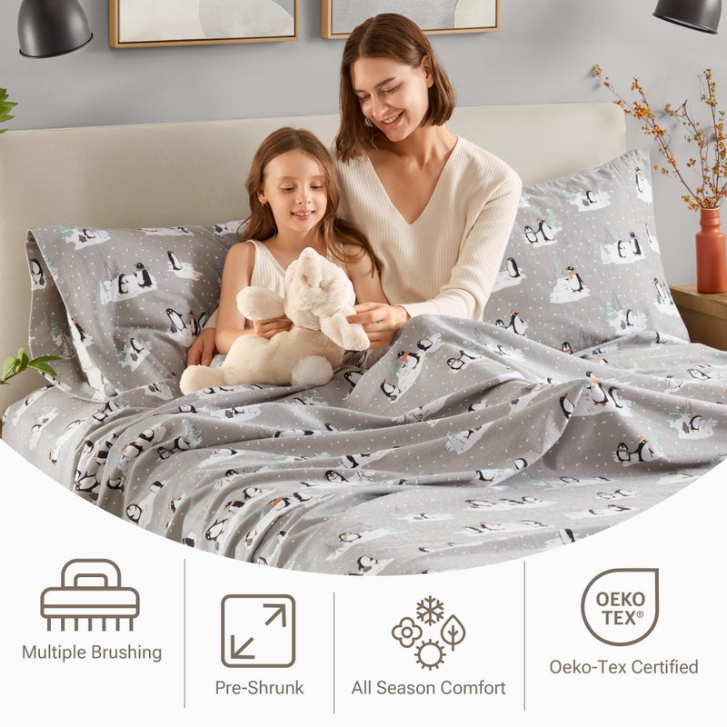 Sleep Philosophy True North by Sleep Philosophy Cozy Flannel Warm 100% Cotton Sheet - Novelty Print Animals Stars Cute Ultra Soft Cold Weather Bedding Set, Queen, Grey Penguins - Image 4