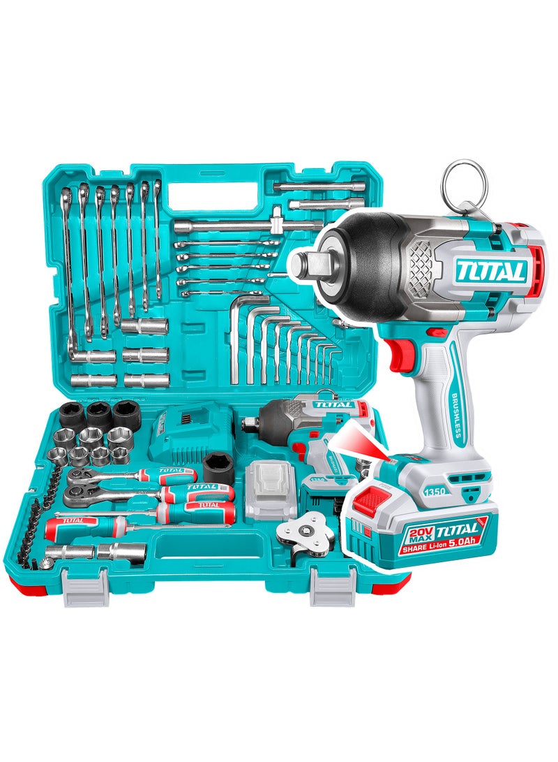 TOTAL 126-Piece Heavy Duty Cordless Impact Wrench Set - 3/4" 1350Nm High Torque Wrench with 5.0Ah Battery, Master Ratchet Sockets, Spanners & Case - THKTHP31262 - Image 1