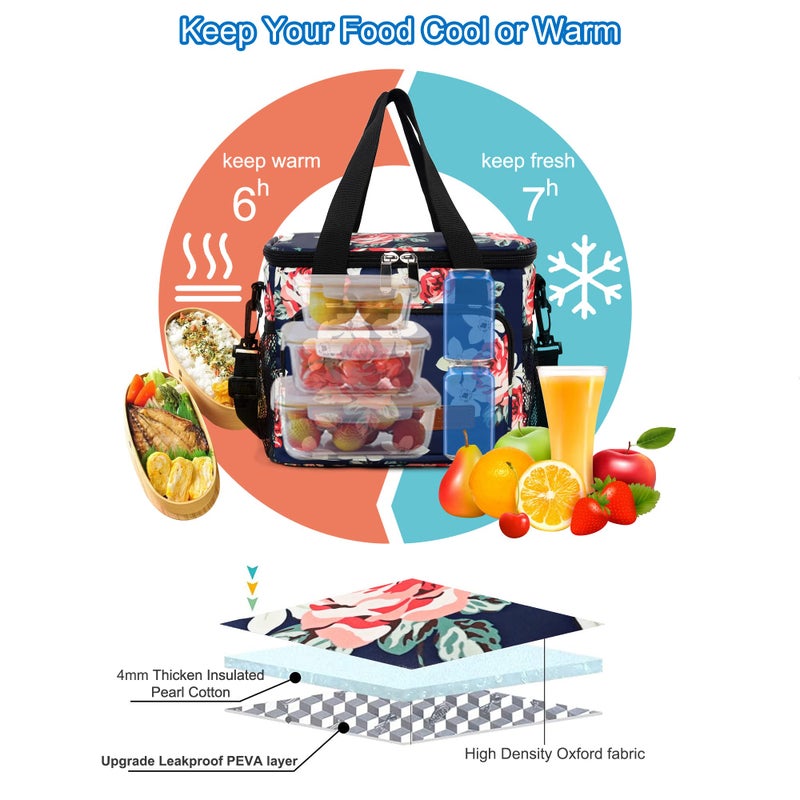 Femuar Lunch Bags For Women/Men  Insulated Lunch Bag For Work Office Picnic - Large Lunch Cooler Bag Leakproof Lunch Box With Adjustable Shoulder Strap For Adults - Floral - Image 3