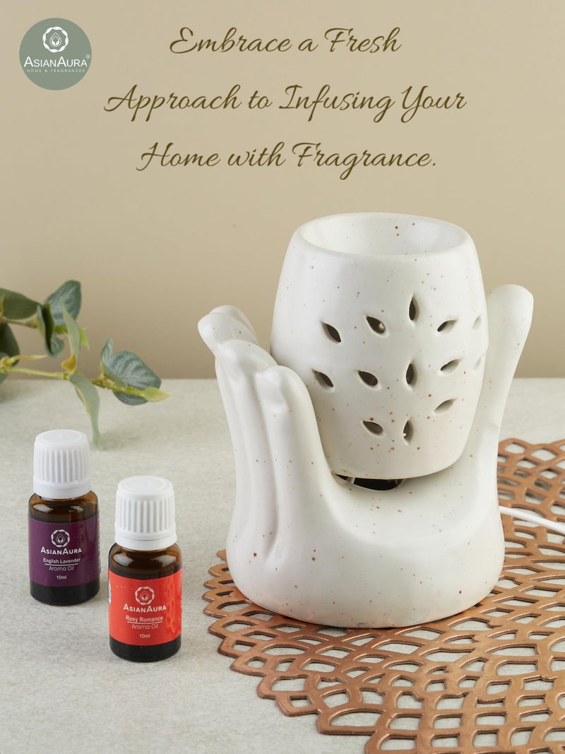 Asian Aura Hand Shaped Ceramic Electric Aroma Diffuser for Home Fragrance| Oil Burner| Oil Warmer Hand Shaped Diffuser with 2 Aroma Oils (English Lavender & Rosy Romance Fragrance 10ml Each)- White - Image 2