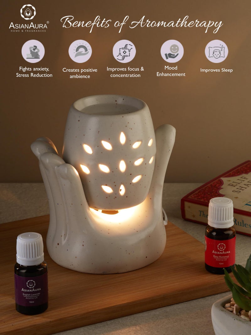 Asian Aura Hand Shaped Ceramic Electric Aroma Diffuser for Home Fragrance| Oil Burner| Oil Warmer Hand Shaped Diffuser with 2 Aroma Oils (English Lavender & Rosy Romance Fragrance 10ml Each)- White - Image 3