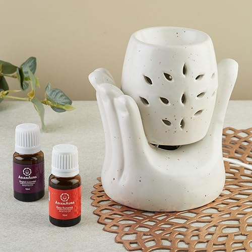 Asian Aura Hand Shaped Ceramic Electric Aroma Diffuser for Home Fragrance| Oil Burner| Oil Warmer Hand Shaped Diffuser with 2 Aroma Oils (English Lavender & Rosy Romance Fragrance 10ml Each)- White - Image 1