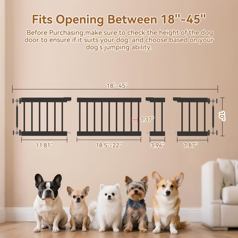 KODYRU Short Dog Gate,18"-45" Adjustable Extra Wide Metal Dog Gate to Step Over, 10" Tall Small Pet Gate with 3 Extension Kits for Doorwayã€Stair. - Image 2