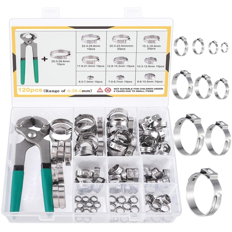MIAHART 120Pcs Stainless Steel Single Ear Hose Clamps with Ear Clamp Pincer 10 Sizes 304 Stepless Crimp Clamps for Securing PEX Tubing Pipe Hose and Automotive Use with Storage Box 14 inch1 18 inch