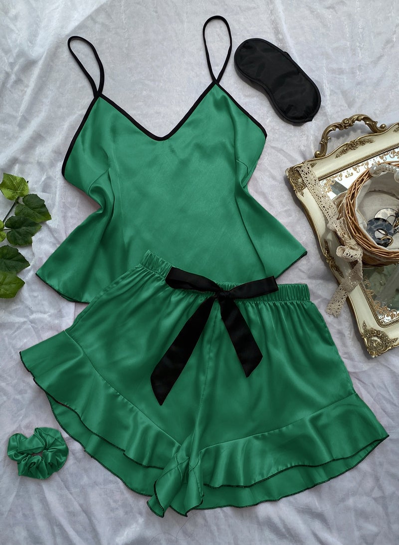Loquat Women's  4-Piece Set Nightgown Sleepwear Short Sleeve Lapel Top,Shorts Eyeshade And Rubber Band Soft Loungewear Pajamas Suit Green 