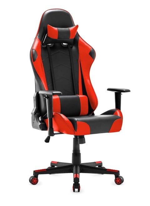 Comfortable gaming chair with high back, adjustable tilt, arms and back support, suitable for computer and office, red and black, faux leather