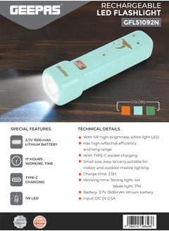 GEEPAS Pocket Size Lightweight Rechargeable LED Flashlight | 1W High Brightness White Light LEDs, Type C Charging, 1500 mAh Lithium Battery 17 Hours Working | Perfect for Indoor and Outdoor Use | Blue/Green/Orange GFL51092N  - Image 3
