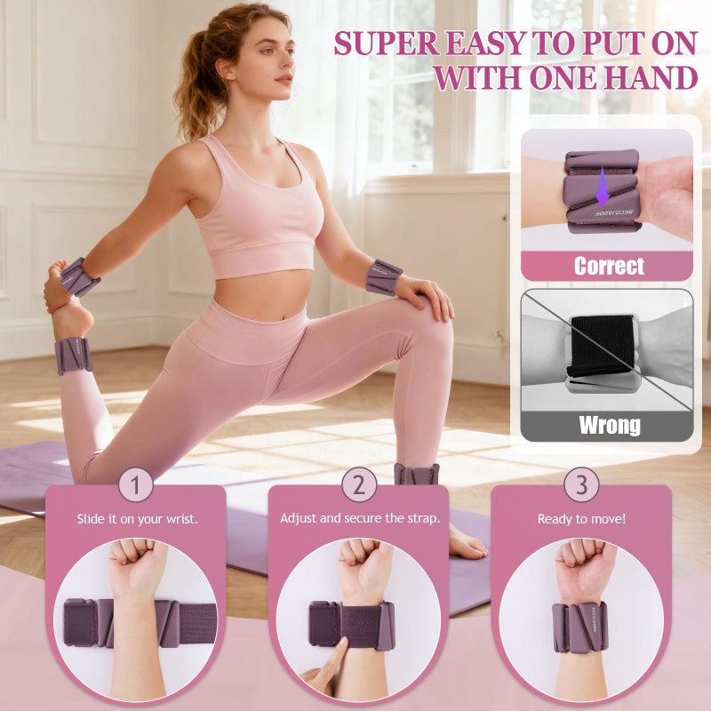 BECOJADDE Ankle Weights Set of 2 (1 lb Each) Adjustable Wrist Weights for Women Men Wearable Arm Leg Weight for Pilates, Running, Walking, Workout, Yoga, Deep Plum - Image 4