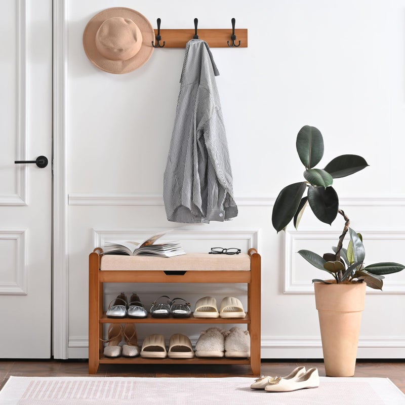 Homman Shoe Storage Bench with Coat Rack, 27.6in Hall Tree Shoe Rack, 3-Tier Bamboo Entryway Bench Holds Up to 330lb for Bedroom Hallyway - Image 1