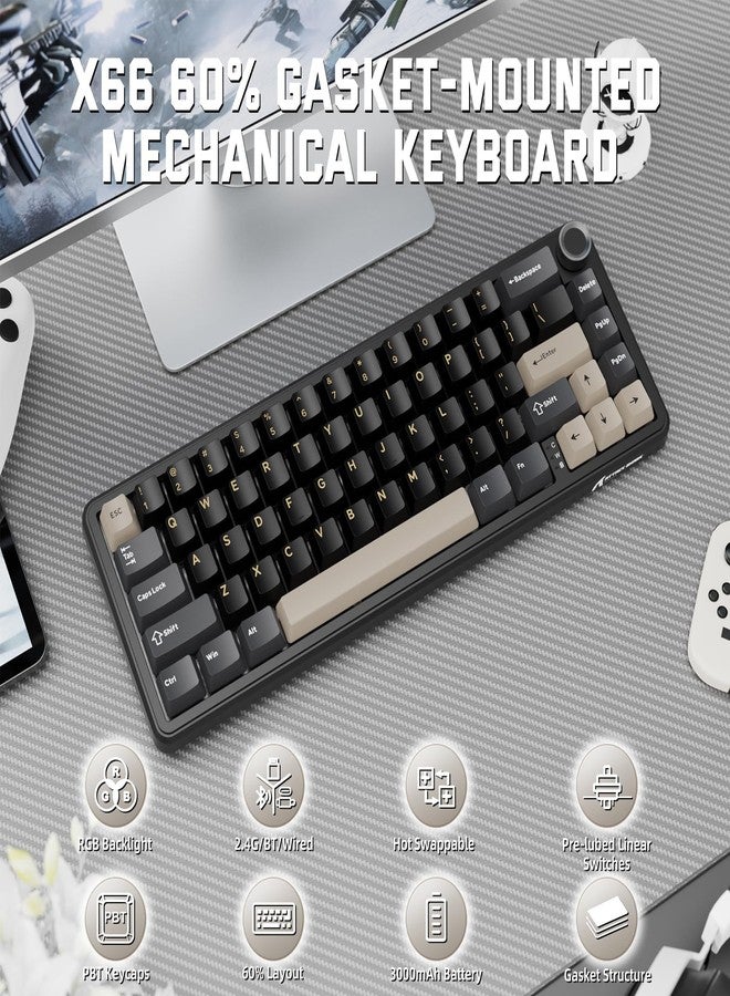 MAMBASNAKE Attack Shark X66 Gasket Wireless Mechanical Keyboard with Volume Knob,60% BT/2.4GHz/Wired Gaming Keyboard,RGB Backlit,OEM Tri-Color PBT keycaps,66 Keys Hot Swappable for PC/MAC,Starblack - Image 2