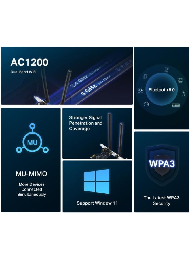 MERCUSYS AC1200 Dual-Band Wi-Fi Bluetooth  PCI Express Adapter
SPEED: 867 Mbps at 5 GHz + 300 Mbps at 2.4 GHz
SPEC: 2× High Gain Dual-Band External Antennas
FEATURE: MU-MIMO, WPA3, Bluetooth 5.0 Black - Image 4