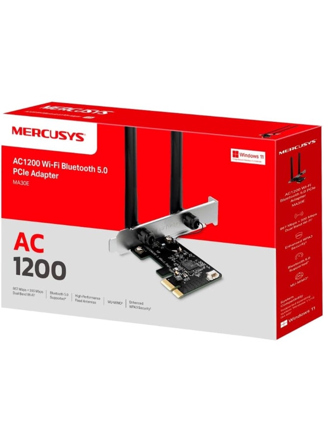 MERCUSYS AC1200 Dual-Band Wi-Fi Bluetooth  PCI Express Adapter
SPEED: 867 Mbps at 5 GHz + 300 Mbps at 2.4 GHz
SPEC: 2× High Gain Dual-Band External Antennas
FEATURE: MU-MIMO, WPA3, Bluetooth 5.0 Black - Image 3