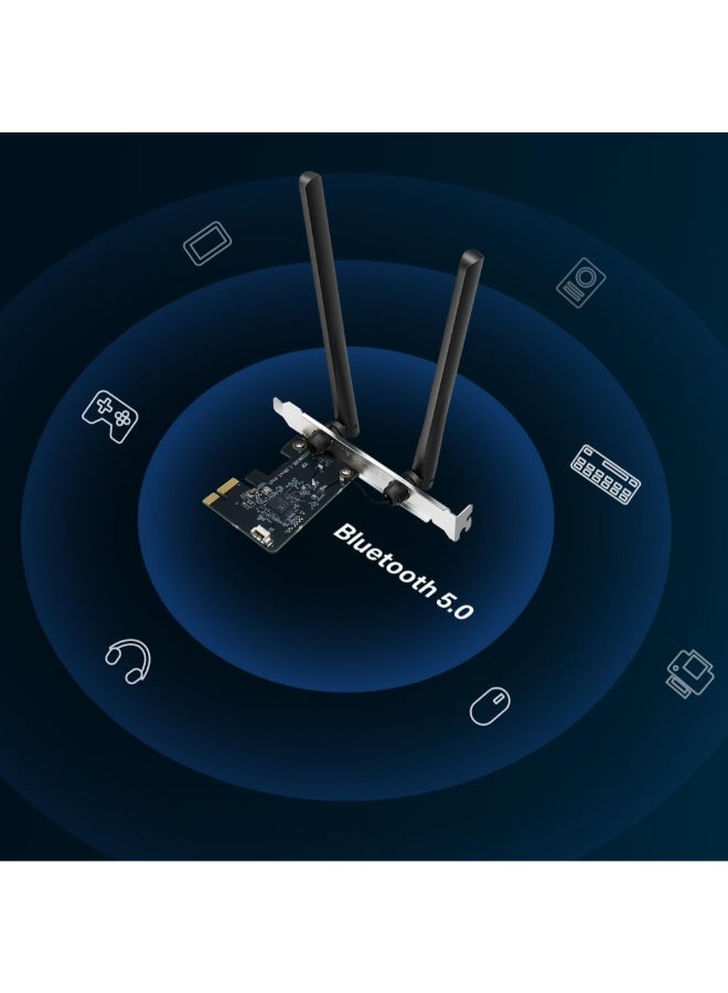 MERCUSYS AC1200 Dual-Band Wi-Fi Bluetooth  PCI Express Adapter
SPEED: 867 Mbps at 5 GHz + 300 Mbps at 2.4 GHz
SPEC: 2× High Gain Dual-Band External Antennas
FEATURE: MU-MIMO, WPA3, Bluetooth 5.0 Black - Image 2
