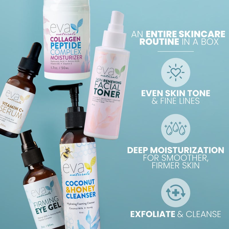 Eva Naturals Rejuvenating Skincare Set â€“ 5-in-1 Routine with Cleanser, Toner, Vitamin C Plus Serum, Eye Gel and Collagen Peptide Moisturizer for Face, Anti-Wrinkle, Dark Spots, Acne and Skin Replenish - Image 2