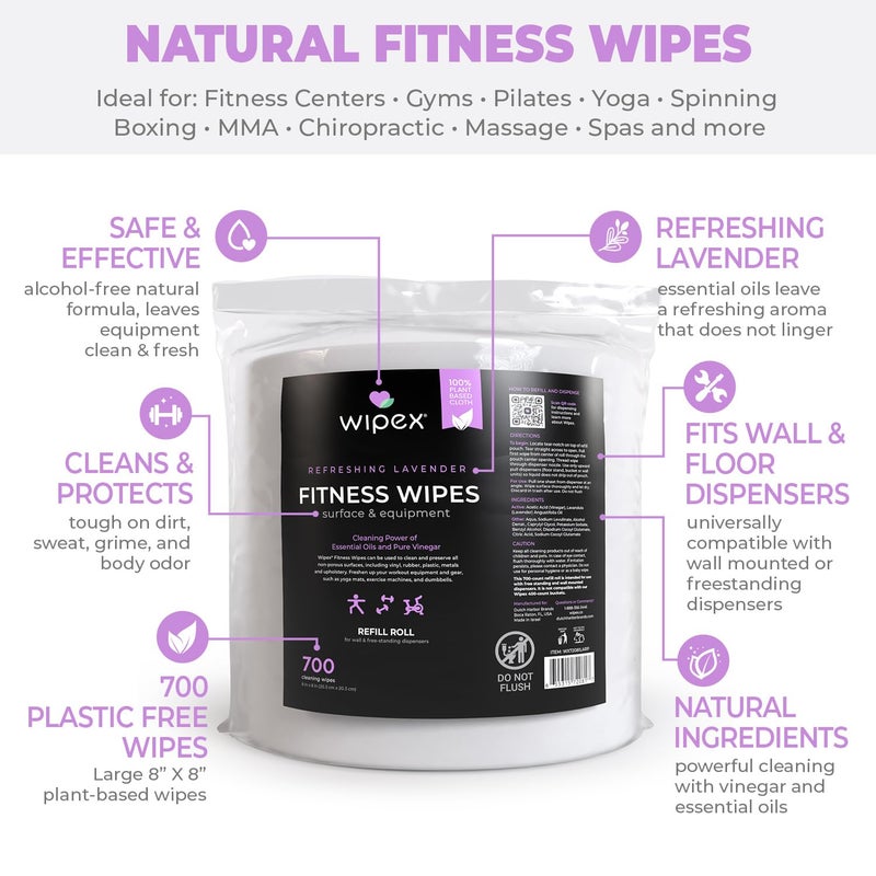 Wipex Plant-Based Gym Wipes Refill - 700 Count, 8"x8" Gym Cleaner for Equipment with Vinegar & Lavender Essential Oil, Fits Dispensers, Lavender Scented Fitness Equipment Wipes, Pack of 1 - Image 5