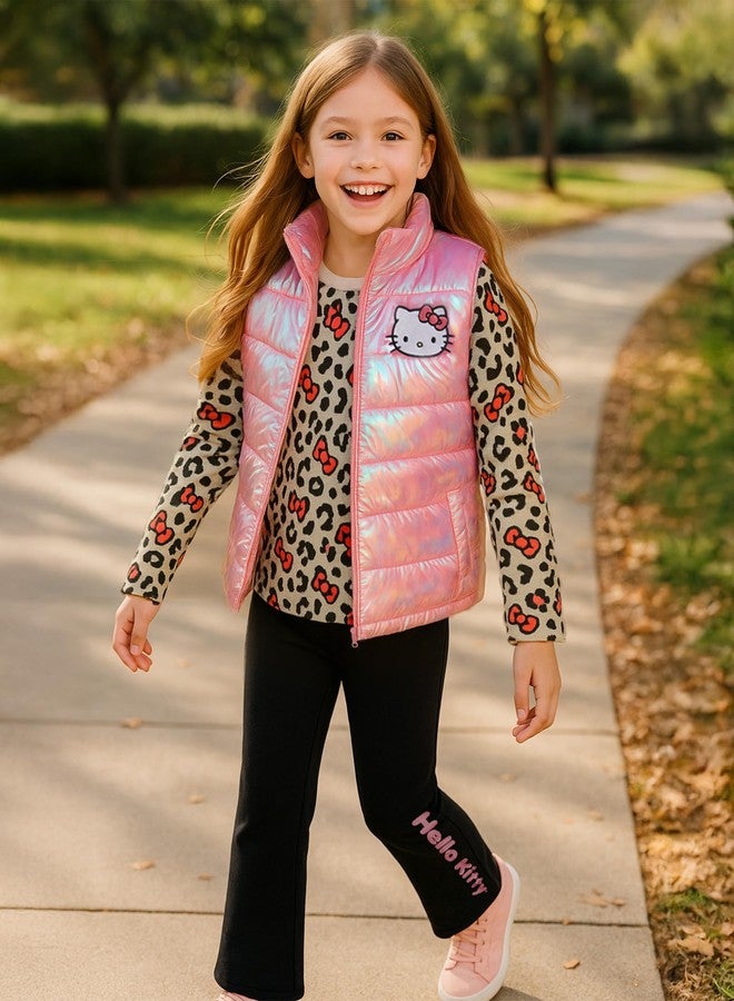 Hello Kitty Girls Pants Set - 3 Piece Zip Up Vest, Long Sleeve Graphic Shirt, Fleece Pants - Matching Set for Girls (2T-12), Size 2T, Pink/Black/Leopard - Image 4