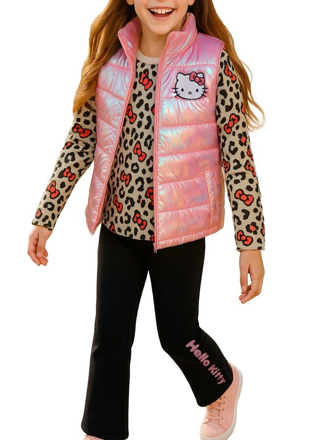 Hello Kitty Girls Pants Set - 3 Piece Zip Up Vest, Long Sleeve Graphic Shirt, Fleece Pants - Matching Set for Girls (2T-12), Size 2T, Pink/Black/Leopard - Image 1