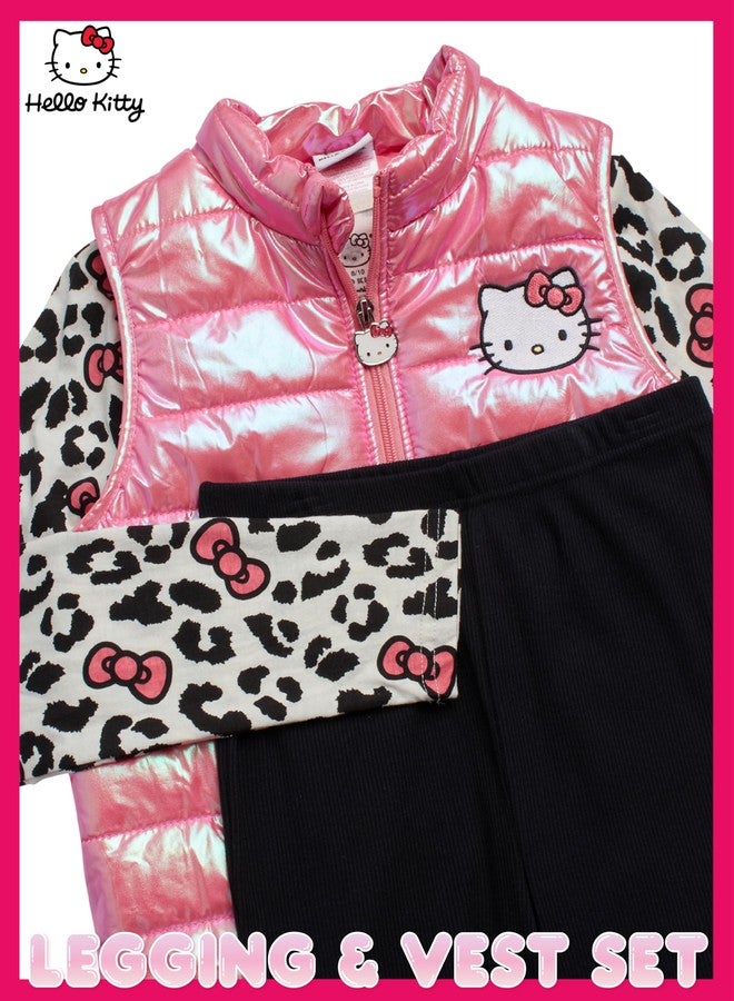 Hello Kitty Girls Pants Set - 3 Piece Zip Up Vest, Long Sleeve Graphic Shirt, Fleece Pants - Matching Set for Girls (2T-12), Size 2T, Pink/Black/Leopard - Image 2