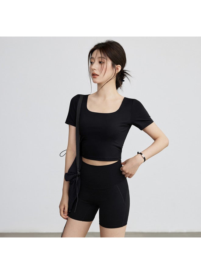 YouYou Women's Yoga Wear Casual Simple Fixed Cup Back-shaping Short Sleeve Top With Padded Bra For Running Pilates Training - Image 3