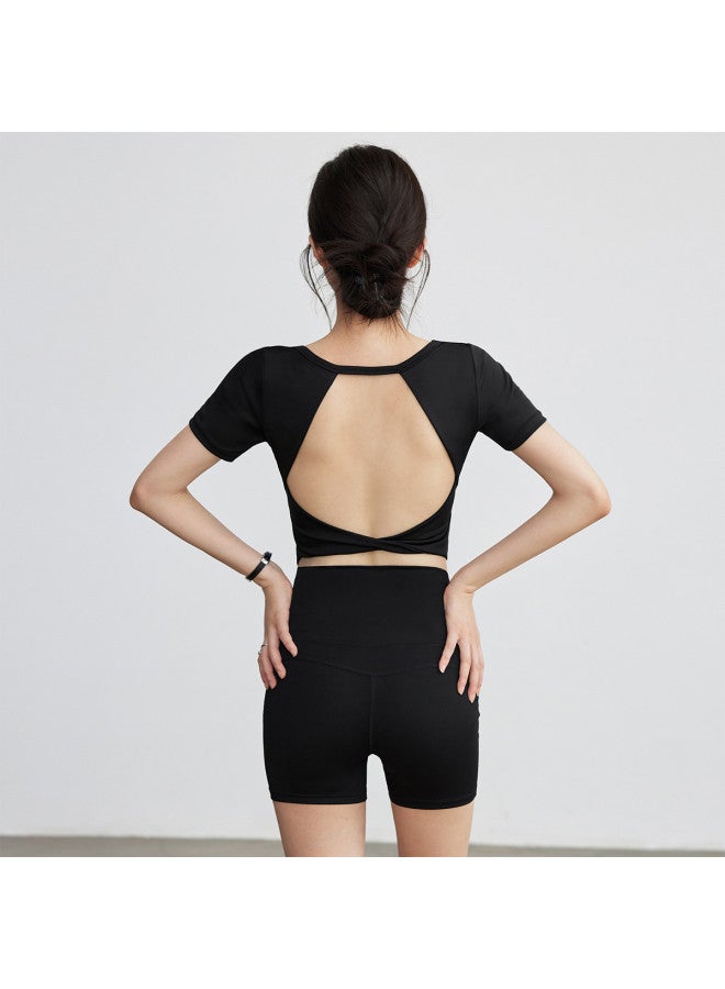 YouYou Women's Yoga Wear Casual Simple Fixed Cup Back-shaping Short Sleeve Top With Padded Bra For Running Pilates Training - Image 2