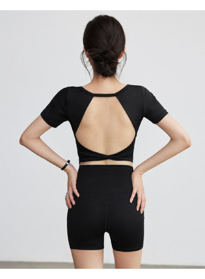 YouYou Women's Yoga Wear Casual Simple Fixed Cup Back-shaping Short Sleeve Top With Padded Bra For Running Pilates Training - Image 1