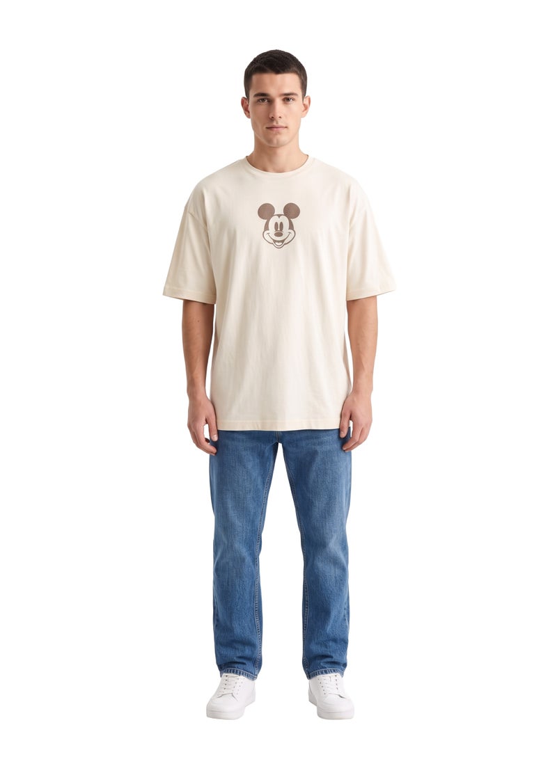 Disney Mickey Mouse Men’s Drop Shoulder T-Shirt | Embroidered Character Graphic Back Print Cotton Tee - Image 3