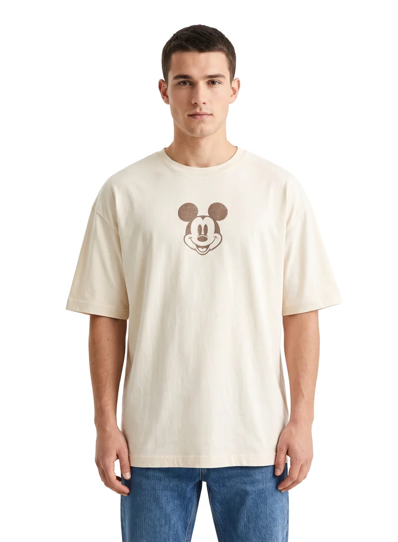 Disney Mickey Mouse Men’s Drop Shoulder T-Shirt | Embroidered Character Graphic Back Print Oversized Cotton Tee