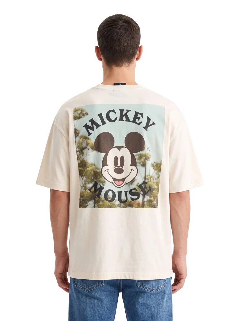 ديزني Disney Mickey Mouse Men’s Drop Shoulder T-Shirt | Embroidered Character Graphic Back Print Cotton Tee