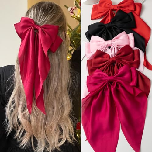 FDBJulyy Satin Big Bows and Clips Set for Thick Thin Hair 5 PCS BowKnot NonSlip Claw Clips for Women - Image 1
