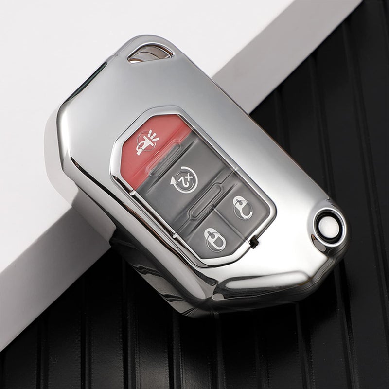 Soft TPU Flip Key Fob Cover Case Fit for 2018 2019 Jeep Wrangler JL JLU Rubicon 2020 2021 Jeep Gladiator JT Sahara JLU OHT1130261 Remote Holder Skin Protector Keyless Entry Sleeve Accessories Silver