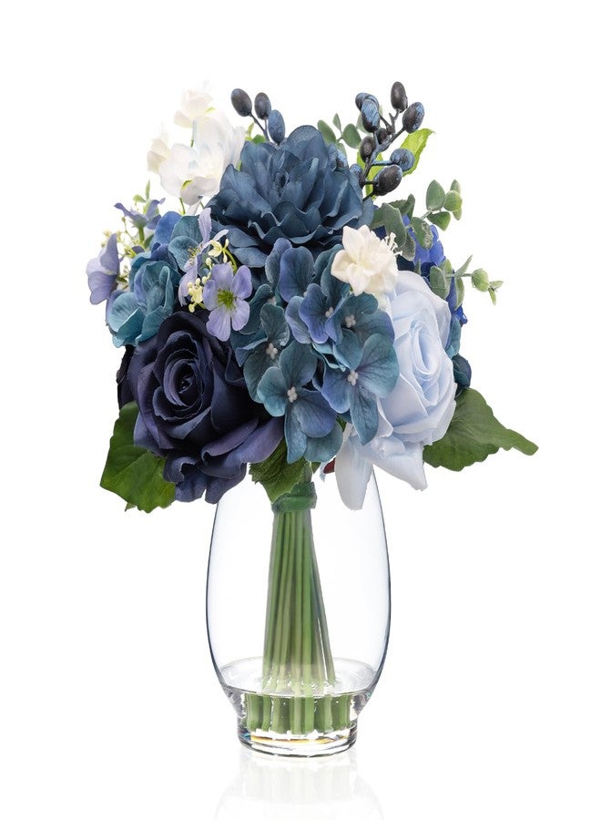 WELL KNOWN Fake Flowers in Vase with Fake Water, Artificial Flowers Indoor Arrangements, Faux Silk Blue Berry Rose Hydrangea Dining Table Centerpiece for Home Wedding Party Decor & Gift (Navy Blue) - Image 1