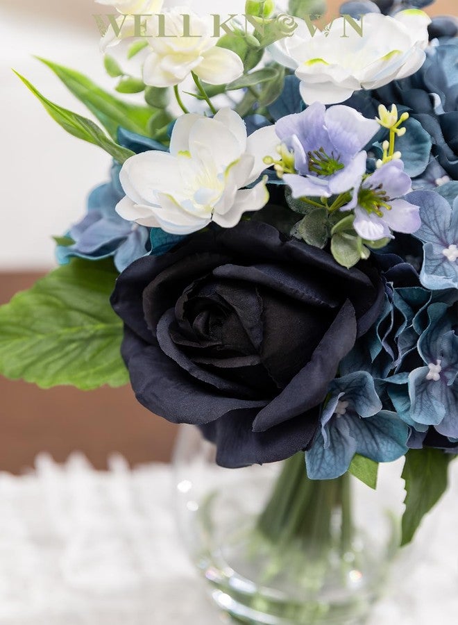 WELL KNOWN Fake Flowers in Vase with Fake Water, Artificial Flowers Indoor Arrangements, Faux Silk Blue Berry Rose Hydrangea Dining Table Centerpiece for Home Wedding Party Decor & Gift (Navy Blue) - Image 5
