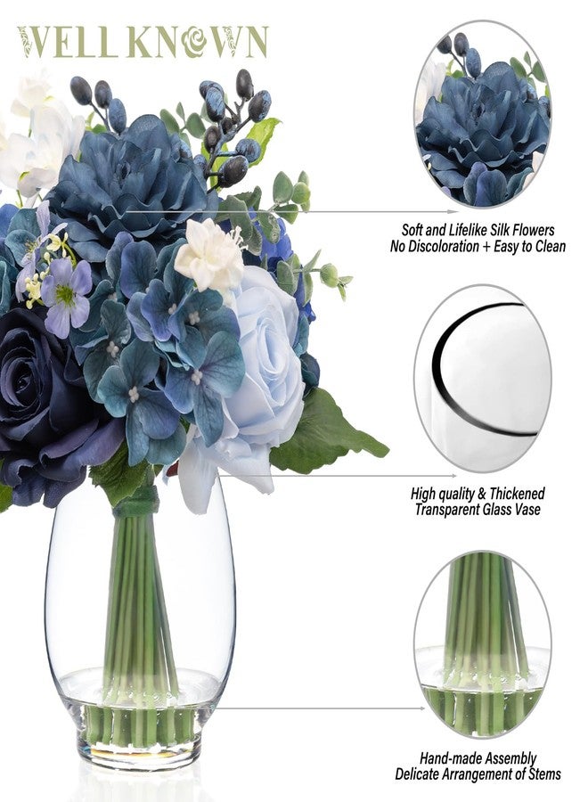 WELL KNOWN Fake Flowers in Vase with Fake Water, Artificial Flowers Indoor Arrangements, Faux Silk Blue Berry Rose Hydrangea Dining Table Centerpiece for Home Wedding Party Decor & Gift (Navy Blue) - Image 2