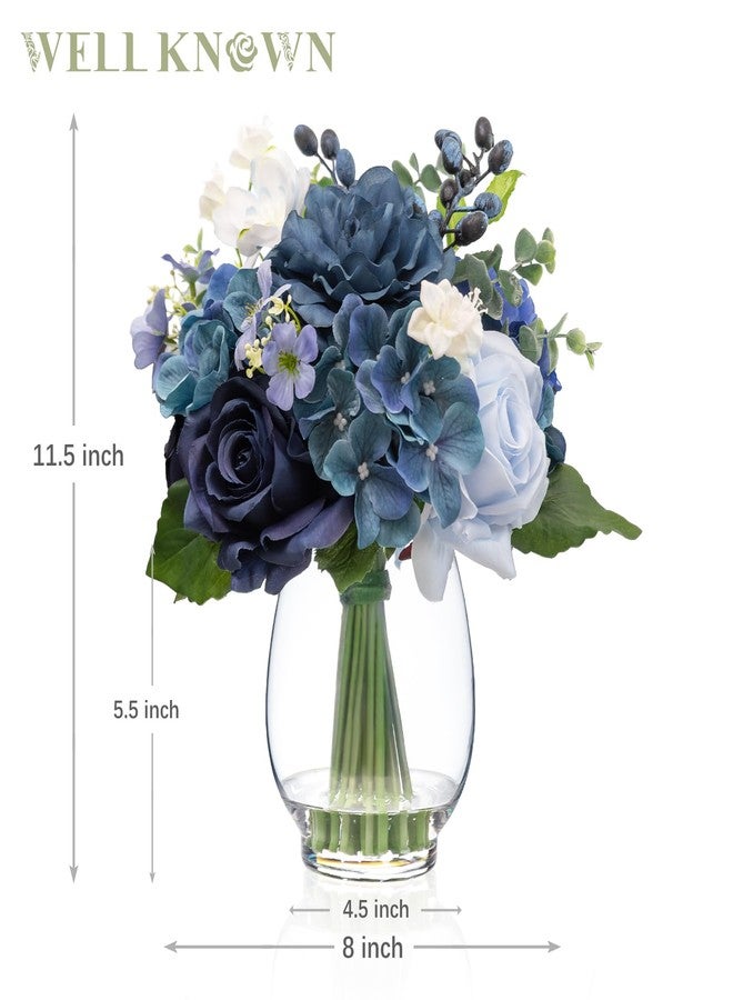 WELL KNOWN Fake Flowers in Vase with Fake Water, Artificial Flowers Indoor Arrangements, Faux Silk Blue Berry Rose Hydrangea Dining Table Centerpiece for Home Wedding Party Decor & Gift (Navy Blue) - Image 4