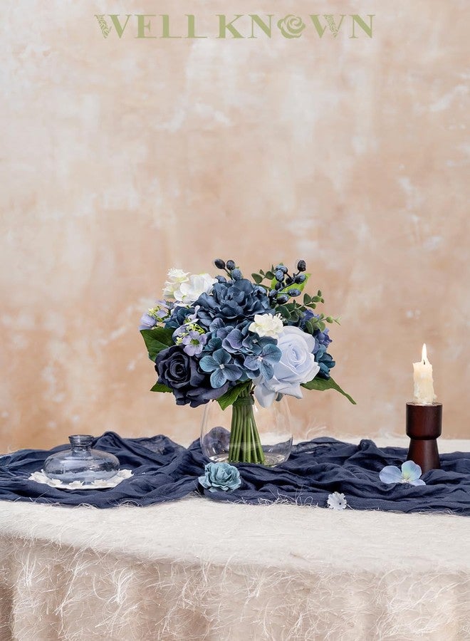 WELL KNOWN Fake Flowers in Vase with Fake Water, Artificial Flowers Indoor Arrangements, Faux Silk Blue Berry Rose Hydrangea Dining Table Centerpiece for Home Wedding Party Decor & Gift (Navy Blue) - Image 3